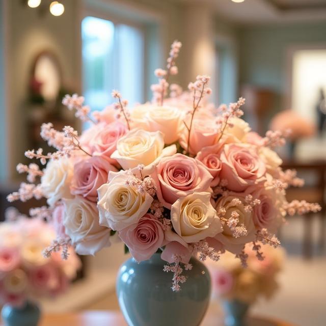 Exposición de arreglos florales en boutique
