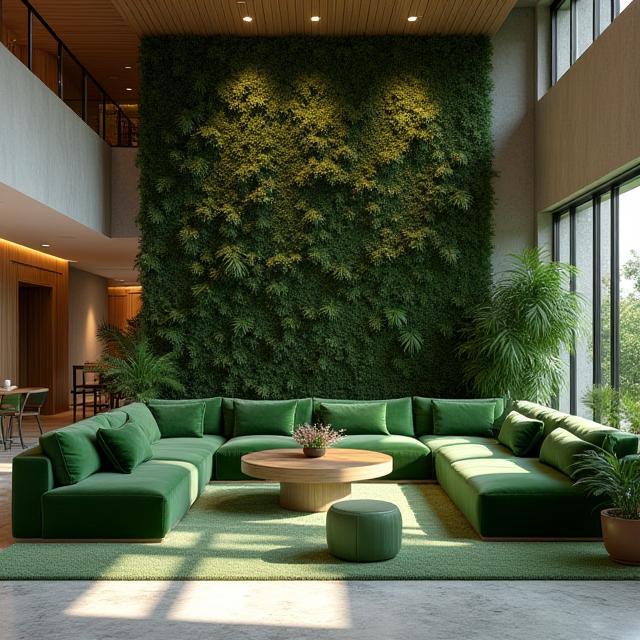 Lobby de hotel con sofás botánicos