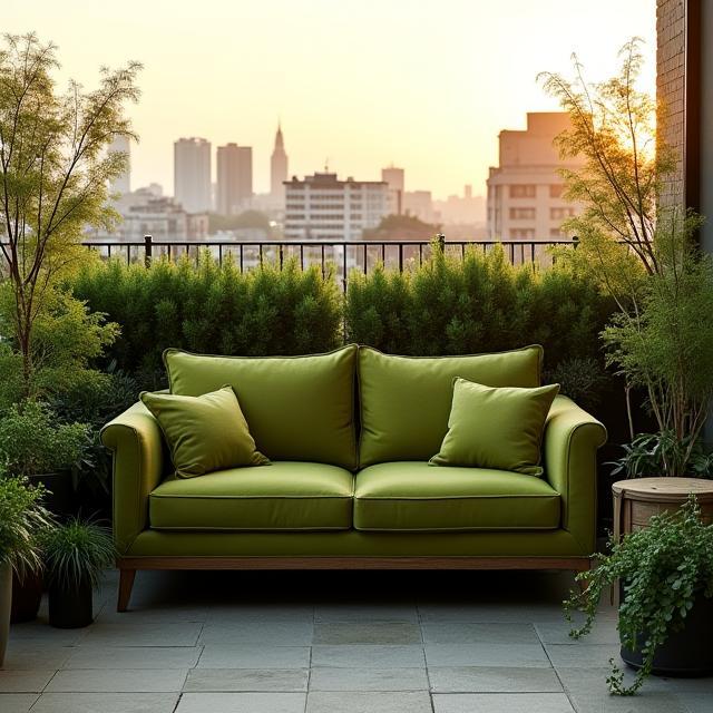 Terraza con sofá verde musgo