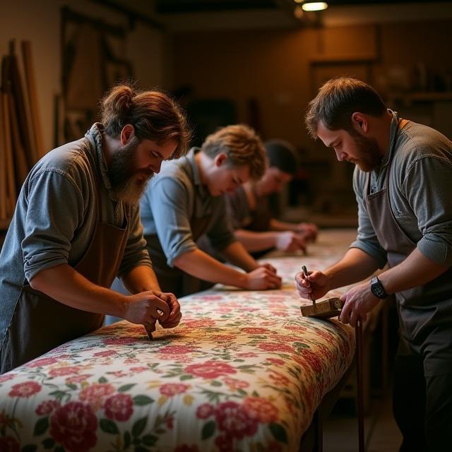 Artesanos tapizando un sofá en el taller de Madrid